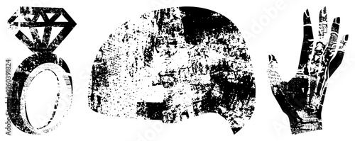 Distressed vector engagement ring, abstract human head, open hand. Vintage, gritty, stencil style graphic elements for design projects.