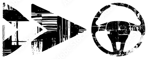 Stylized black aircraft and steering wheel with grunge texture, aviation and automotive symbols, vector design, isolated foreground elements.