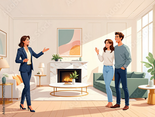 Property Agent Presenting Modern Apartment to Clients Vector Illustration