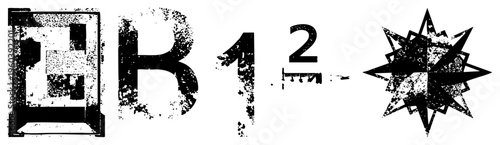 Distressed black symbols including a box, letter B, numbers 1 and 2, and a starburst, all rendered in gritty, worn out vector style for design use.