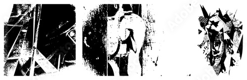 Fragmented human form rendered in stark black and white halftone, abstracted by sharp angular shapes, graphic design element, stylized human, vector art composition.