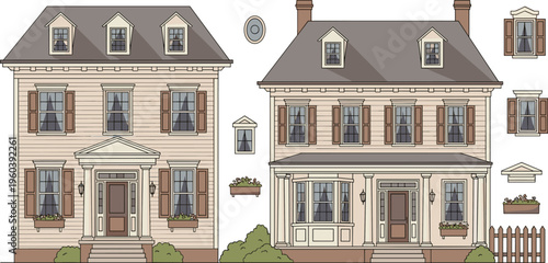 Classic two story residential house vector illustration set with colonial architectural details shutters dormer windows and picket fence for real estate and suburban neighborhood design