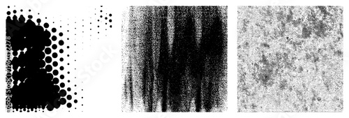 Vector based halftone compositions using varying dot densities, abstract textures, graphic design elements, screen printing aesthetic, visual effects.