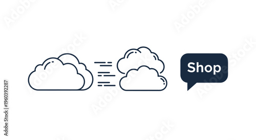 Outline of two clouds with motion lines moving towards a dark speech bubble with the word shop written in bold white letters.