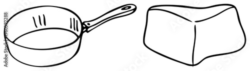 Kitchen utensil sketch, frying pan with handle, butter block, culinary tools, cooking essentials, minimalist drawing.