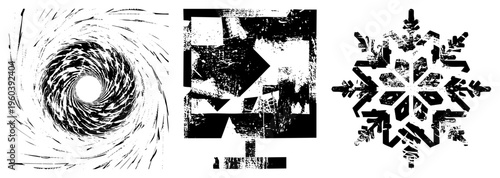 Bold black and white vector art chaotic spiral, arrow, snowflake distressed halftone, gritty texture. Perfect for graphic design, album art, digital illustrations.