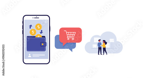 Digital wallet technology connects online shopping and cloud data management as shown through a smartphone and server infrastructure icons.
