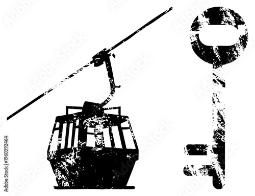 Black silhouette of car and old fashioned key, textured graphic, urban exploration symbols, vintage travel, distressed vector art.