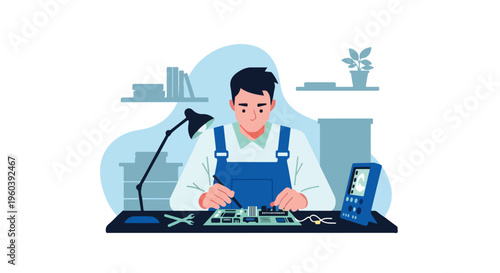 Technician Repairing Motherboard IC with Soldering Iron Electronics Repair Vector Illustration