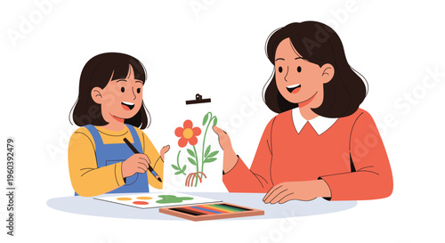 Young child engages in artistic expression by drawing a colorful flower while receiving encouragement from a smiling adult teacher.