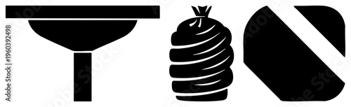 Minimalist black vector funnel, coiled rope, angular wedge. Flat design, isolated symbols, clean, graphic elements for UI or branding.