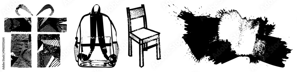 Obraz premium Stylized graphic including textured, backpack, chair, and ink splatter design, vector art, isolated elements.