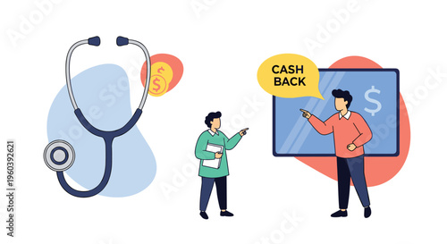 Medical expenses and healthcare savings are symbolized by a large stethoscope and people discussing cashback rewards for health services.