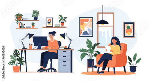 Modern workspace environment features women working at desks and relaxing in a lounge area within a stylish home office setting.