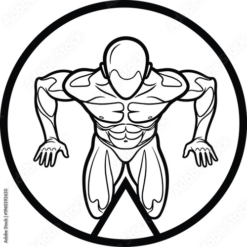 Muscular athlete push up exercise vector illustration fitness training bodybuilding strength workout gym concept isolated circular emblem design healthy lifestyle