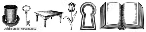 Classic vector set top hat, antique key, wooden table, tulip, keyhole, open book. Vintage engraved style, art, symbolic objects, isolated elements, artistic illustrations.