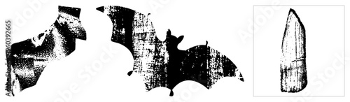 Bat shadow with distressed halftone texture, Halloween, spooky creature, isolated graphic, vintage horror, ink stained design, vector cutout.