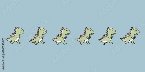 Group of small cartoon dinosaurs walking together