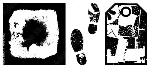 Distressed black and white footprints and fragmented geometric forms, halftone grit, stencil art, urban decay motifs, vector cutout design.