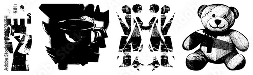 Stylized raised hand, coffee mug, abstract human figures, plush teddy bear. Vector halftone textures, isolated elements, graphic design assets.