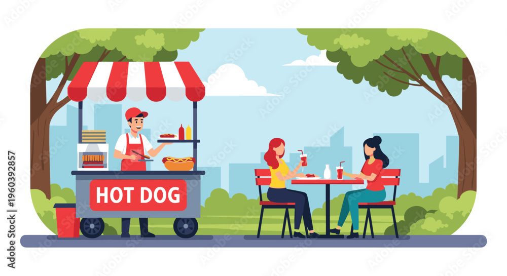 Naklejka premium Street food vendor serves customers at a hot dog stand in a scenic urban park during a sunny afternoon outdoors.