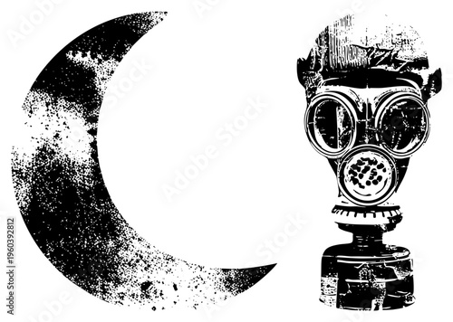 Distressed gas mask beside moon, stencil style graphic, dystopian, halftone texture, vector art, apocalyptic symbol.