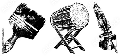Classic creative implements including paintbrush, drum, and quill pen with inkwell, rendered in gritty halftone texture, artistic, traditional, vector.