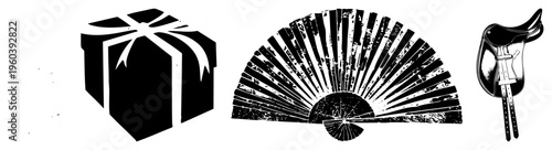 Stylized black vector gift wrapped box, distressed folding fan, leather saddle. Flat design,, isolated elements for branding or UI.