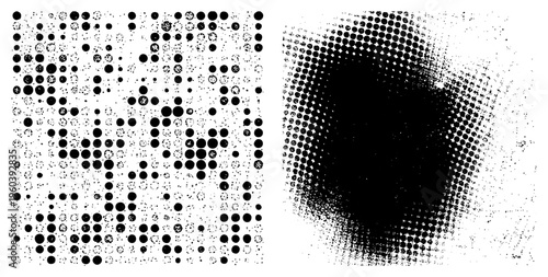 Black and white halftone dot gradients and grid, vector texture, graphic design element, print, digital art background, typography overlay, raster simulation.