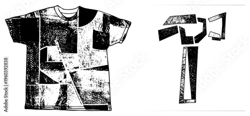 Graphic tee with bold abstract shapes, fragmented halftone texture, modern art print, streetwear apparel, black and white vector design.