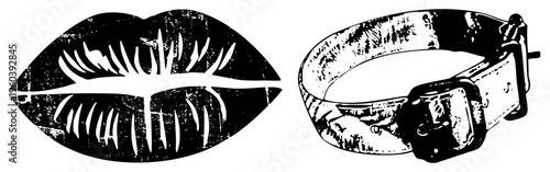Retro graphic of stylized lips with textured lashes and a distressed leather collar with buckle, both in, flat vector art.