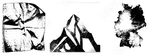 Bold black and white vector forms with halftone grain, angular facets, stark contrast, graphic design elements, modern minimalism.