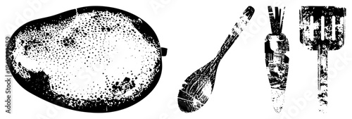 Black and white halftone rendered spoon, spatula, carrot, and potato graphic. Stylized kitchen tools with dot texture. Vector cutout for culinary design.