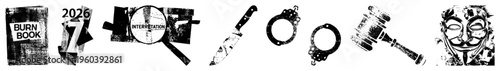 Burn Book, 2026 protest sign, magnifying glass with "INTERPRETATION," knife, handcuffs, gavel, and Guy mask symbolic of rebellion, law, and anonymity.