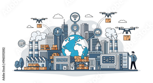 Global logistics and smart city technology are illustrated with drones, factories, and interconnected digital communication networks.