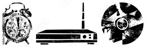 Retro alarm clock with bells, Wi Fi router with antenna, scratched CD player, distressed black and white vector set, digital age nostalgia.