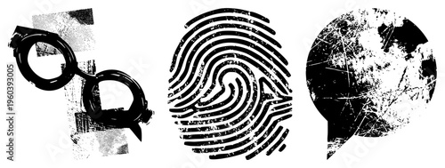 Stylized vector with halftone textures and distressed effects, including fingerprint, retro eyeglasses, and scratched sphere motif.