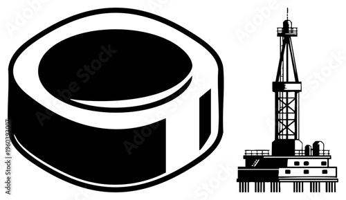 Drill rig offshore platform, petroleum extraction equipment, industrial tape spool, black and white vector graphics, isolated for design.