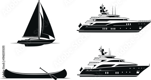Boat silhouette collection, sailboat, luxury yacht, canoe illustration, watercraft icons, marine design, nautical symbols, vector art, recreational boating set
