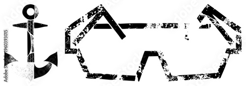 Nautical anchor and ship hull graphic, maritime symbols, distressed halftone style, vector illustration, isolated symbols for design, sea travel motifs.