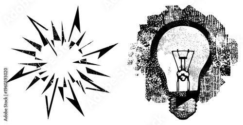 Stylized lightning bolt symbolizing energy, paired with classic incandescent bulb representing innovation, both in bold halftone vector style.