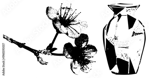 Stylized cherry blossom branch with two blooms, geometric vase with facets, halftone texture, vector illustration, art, minimalist decor.