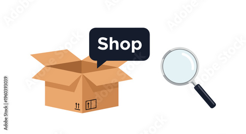 Product search and unboxing experiences are symbolized by an open delivery box, a magnifying glass, and a shop label.