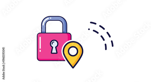 Secure location and data privacy are represented by a locked pink padlock and a yellow map pin icon for safe travel.