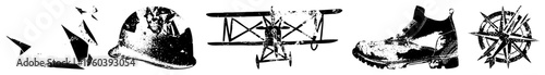 Retro styled including a war helmet, biplane, work boot, compass, and shattered glass fragments, rendered as vector cutouts for design or UI use.