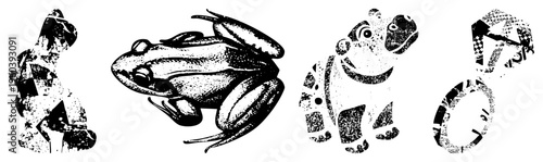 Artistic frogs rendered in halftone, glyph, and abstract, isolated vector illustrations, black and white, cartoonish and styles combined.