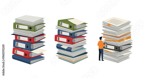 Massive document archives and office organization are illustrated with towering stacks of colorful file folders and a person managing records.