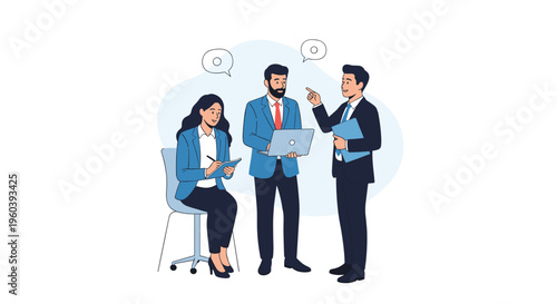 Corporate team members engage in a professional discussion while reviewing data on a laptop and documents in an office setting.