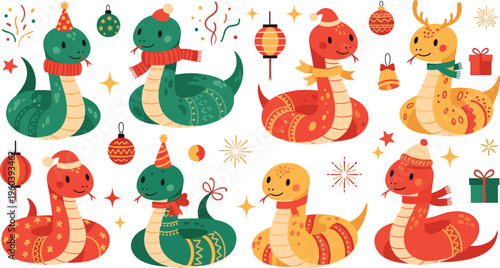Cute Christmas Snake Cartoon Character Set with Santa Hats, Scarves, Holiday Lights, Gifts, and Festive Winter Decorations Vector Illustration Collection