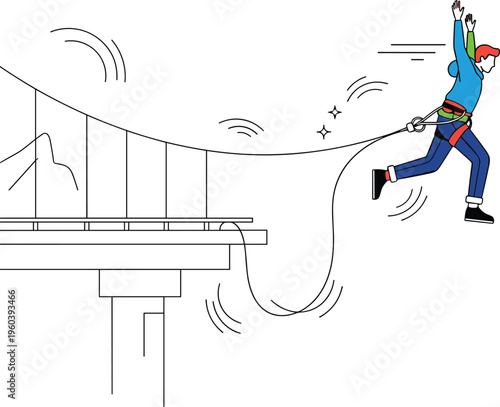 Brave man bungee jumping from high bridge extreme sports adventure activity with rope harness in minimalist line art vector illustration for adrenaline tourism and outdoor recreation design